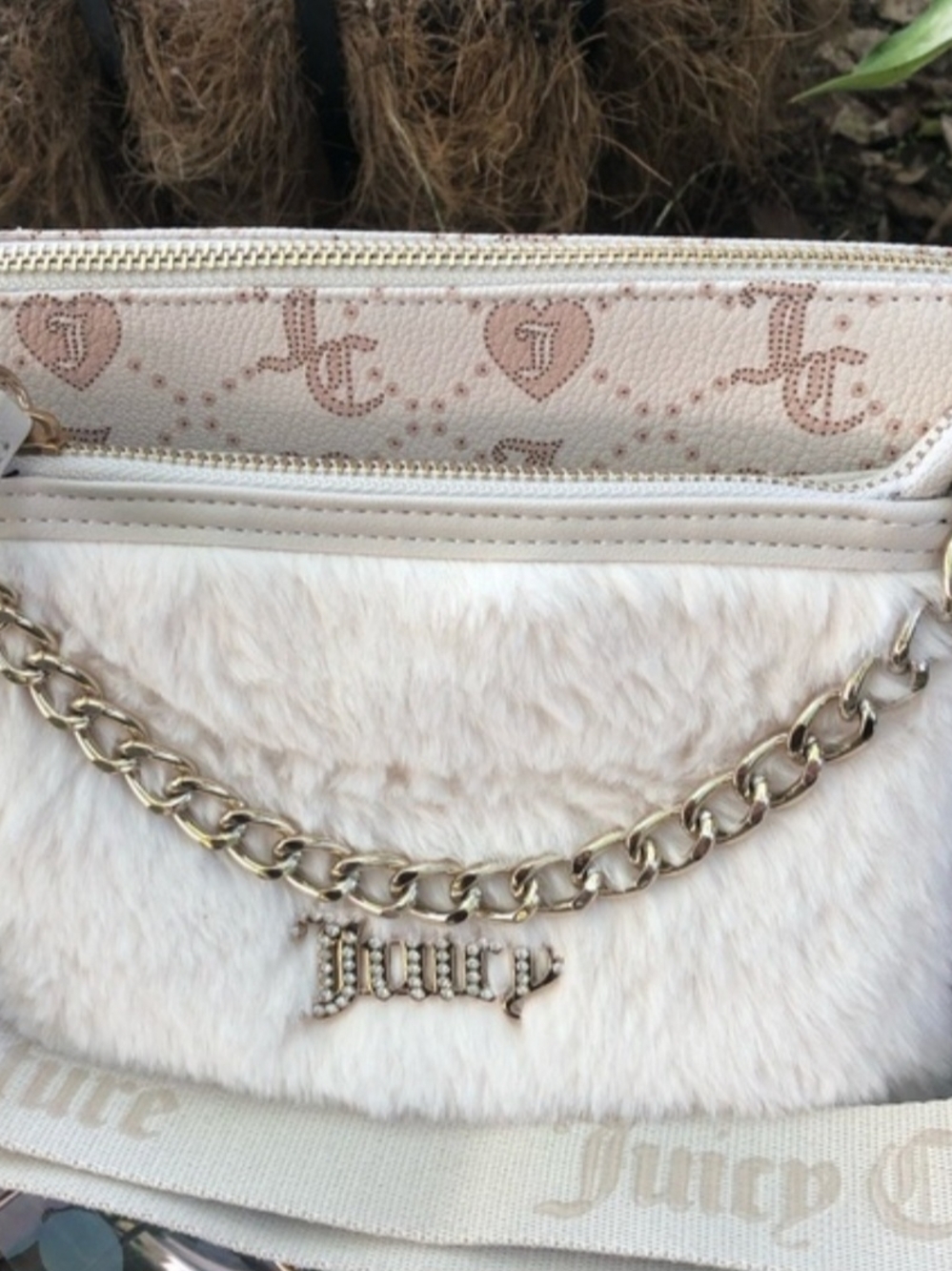 Juicy Couture Cream Faux Fur and Logo Crossbody with Gold Chain - Picture 2 of 9